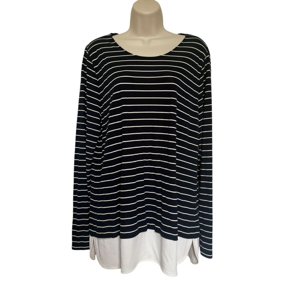 Lauren Ralph Lauren Stripe Slinky Knit Layered Look Tunic Top Navy Cream Sz XL